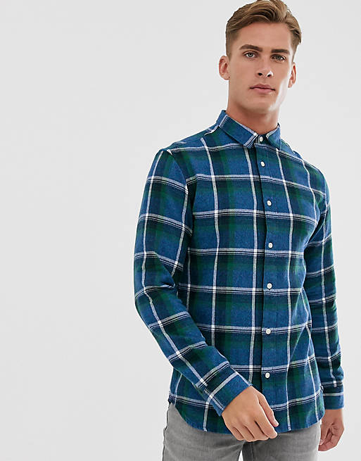 Selected Homme brushed cotton check shirt in navy | ASOS