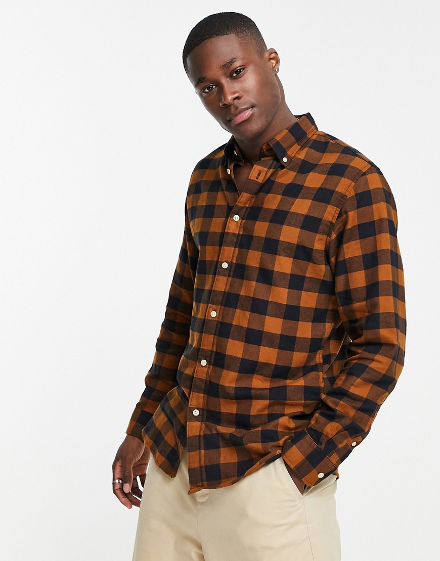 Selected Homme buffalo check shirt in tan-Brown