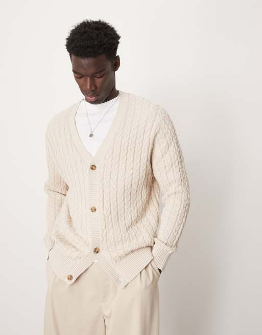 Selected Homme cable knit cardigan in cream ASOS