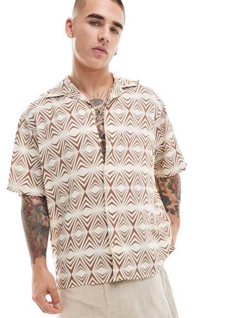 Selected Homme - Camicia a maniche corte beige con stampa geometrica