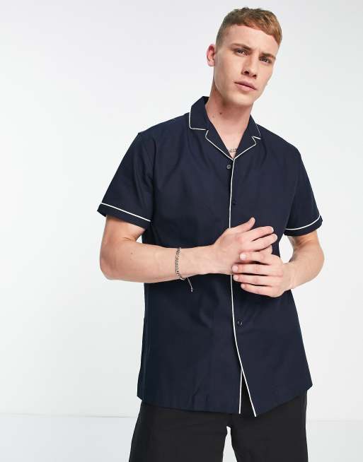 Selected Homme - Camicia a maniche corte blu navy con profili bianchi e rever 
