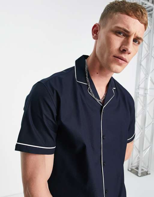 Selected Homme - Camicia a maniche corte blu navy con profili bianchi e rever , 2 di 4
