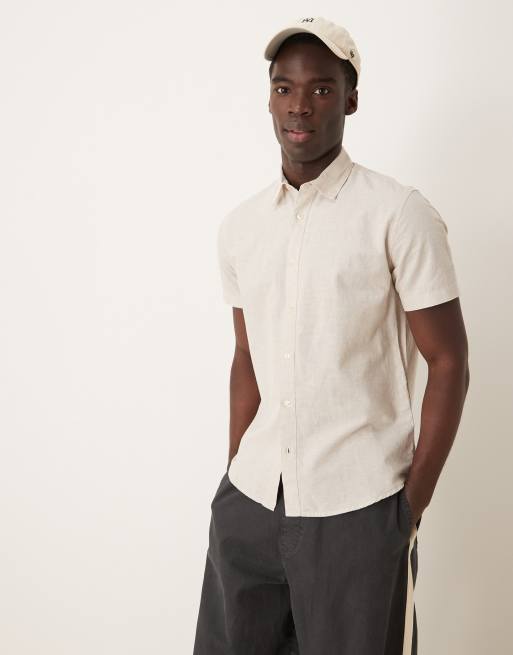 Selected Homme - Camicia a maniche corte crema in misto lino