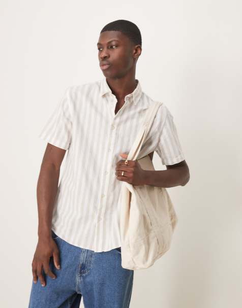Selected Homme - Camicia a maniche corte in misto lino color crema a righe - view 1
