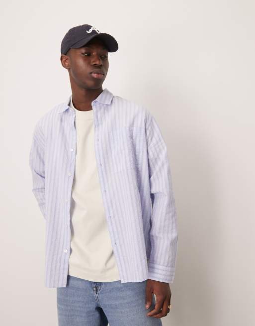 Selected Homme - Camicia a maniche lunghe in seersucker blu a righe