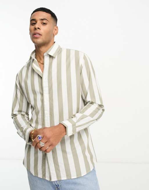 Selected Homme - Camicia bianca e kaki a righe 