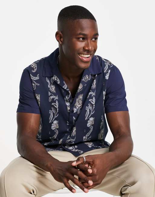 Selected Homme - Camicia blu navy a righe verticali in stampa cachemire con colletto rever