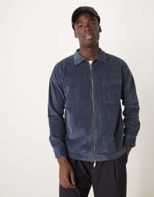 Selected Homme - Camicia blu navy in velluto a coste con zip - view 1