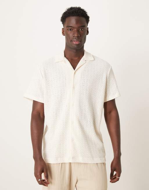 Selected Homme - Camicia color panna testurizzata con colletto con rever
