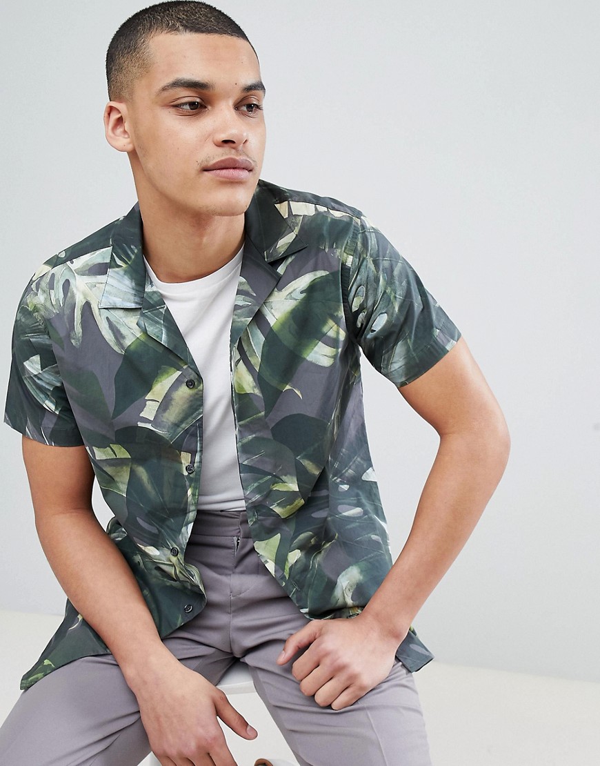 Selected Homme+ - Camicia con colletto a rever e stampa integrale-Verde