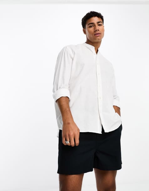 Selected Homme - Camicia con collo serafino in lino bianca - view 1