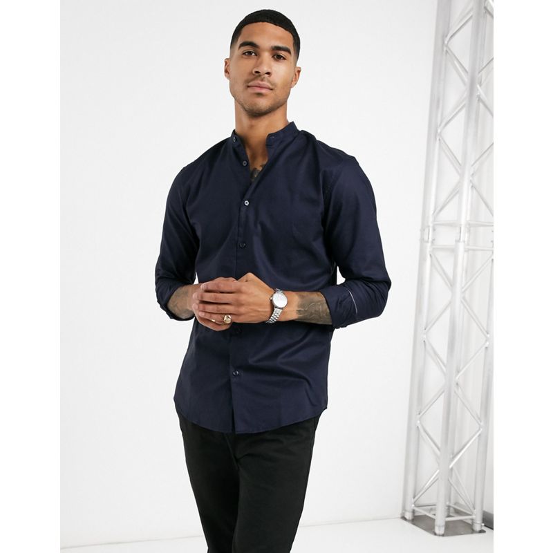 Uomo Camicie tinta unita Selected Homme - Camicia con collo serafino in misto cotone organico blu navy