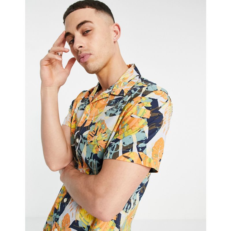Uomo Camicie Selected Homme - Camicia con stampa con foglie multicolore in coordinato