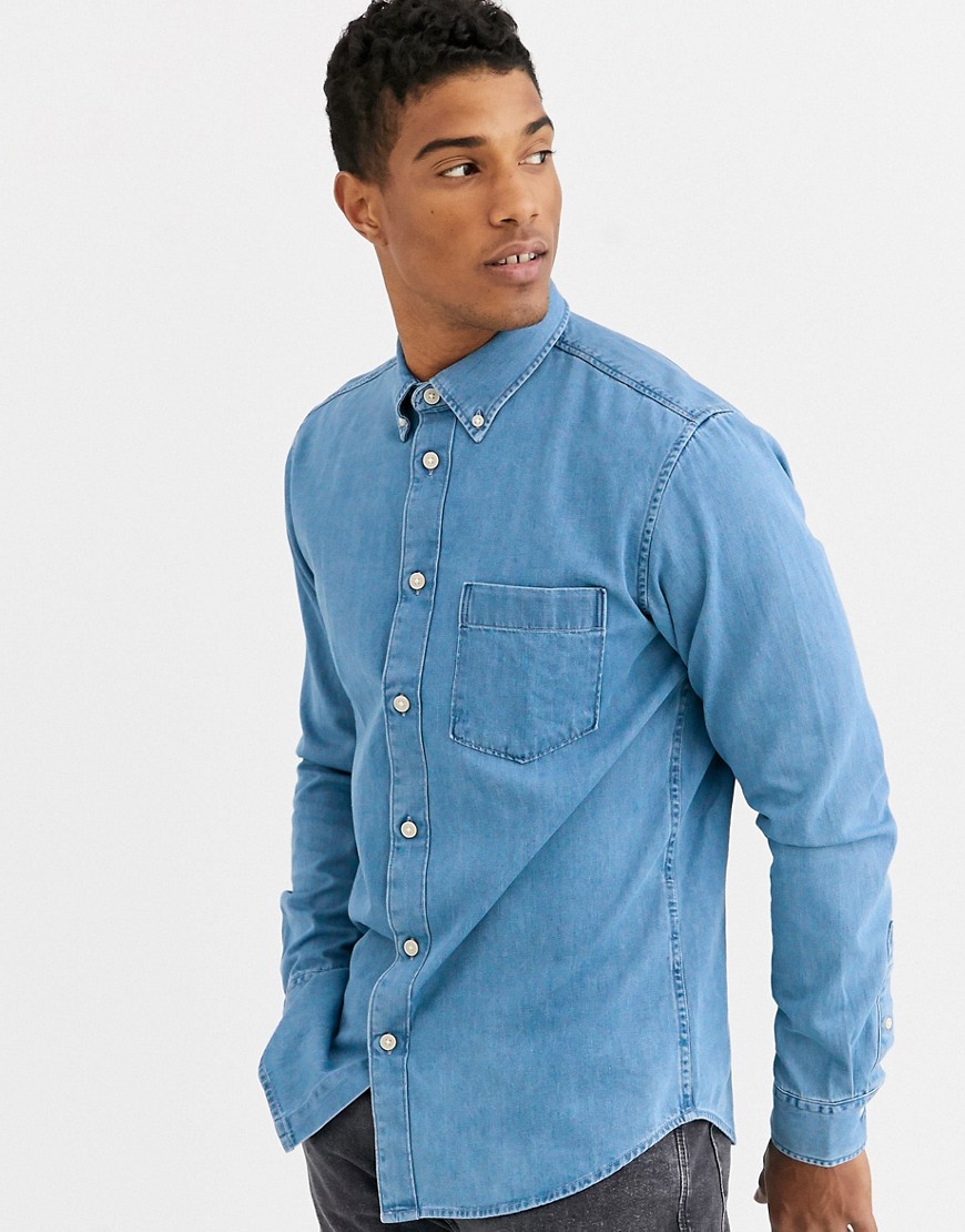 Selected Homme - Camicia di jeans azzurra con tasca-Blu