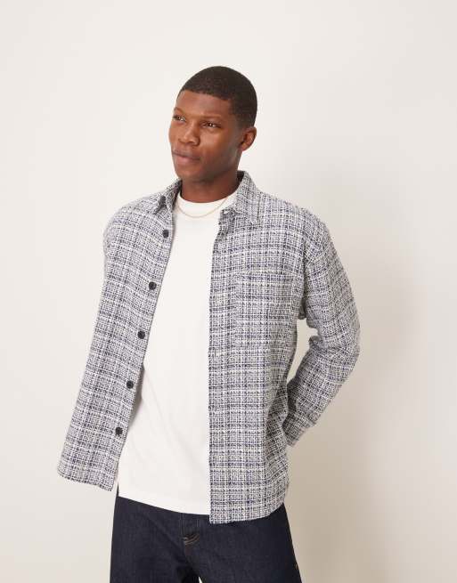 Selected Homme - Camicia giacca in bouclé blu e panna a quadri
