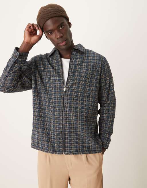 Selected Homme - Camicia giacca squadrata oversize blu misto testurizzata