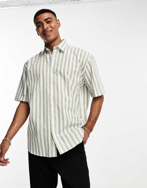 Selected Homme - Camicia in misto lino a maniche corte a righe bianche e verde salvia