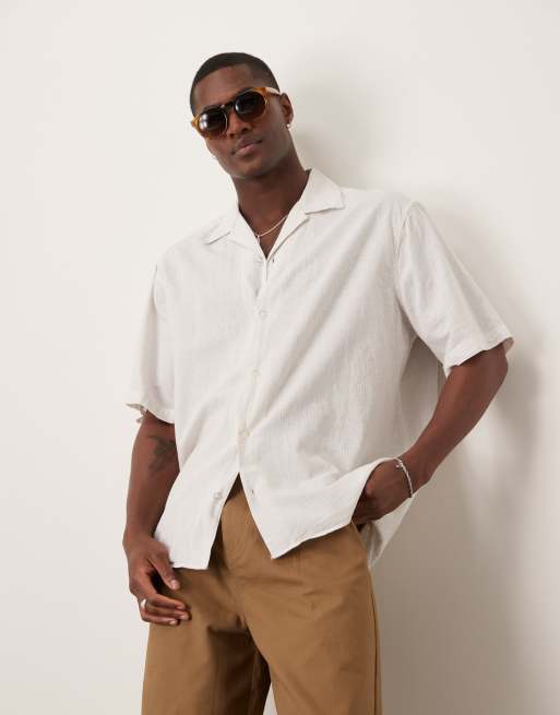 Selected Homme - Camicia in misto lino bianca a righe con rever