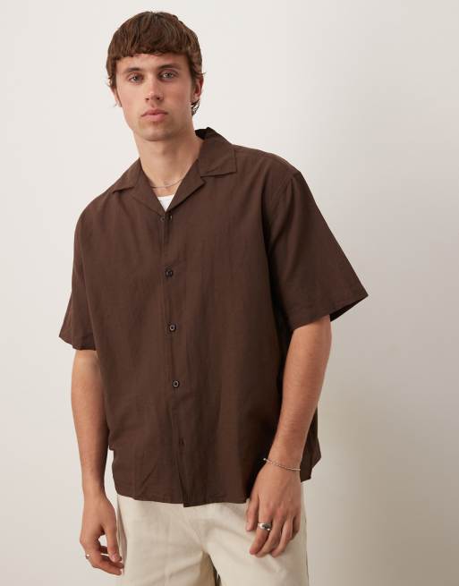 Selected Homme - Camicia in misto lino con rever marrone