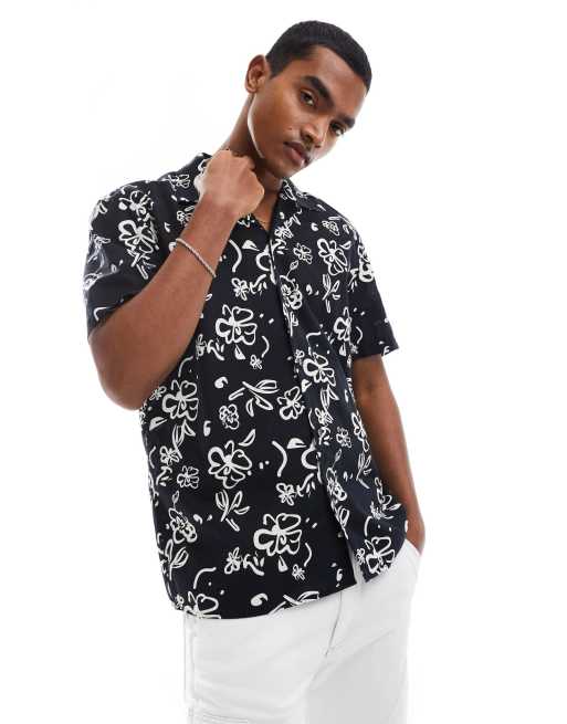 Selected Homme - Camicia in misto lino nera con stampa e colletto a rever 
