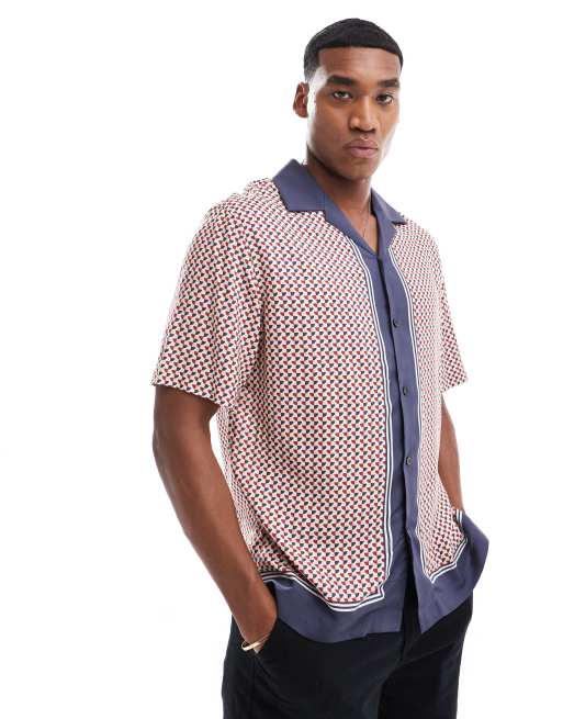 Selected Homme - Camicia oversize con colletto con rever blu navy con stampa