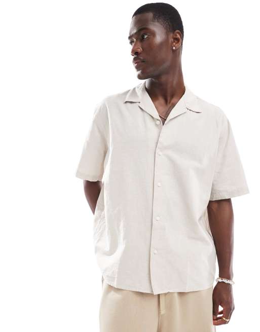 Selected Homme - Camicia oversize in misto lino beige con colletto a rever