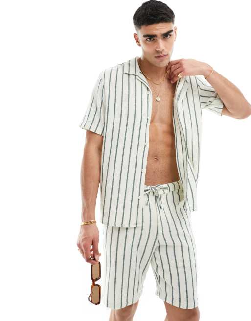 Selected Homme - Camicia oversize testurizzata a righe verdi con colletto a rever in coordinato 