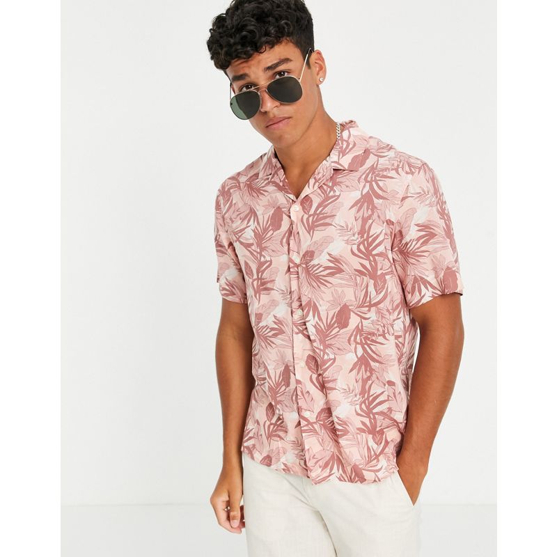 Camicie a maniche corte Uomo Selected Homme - Camicia rosa con stampa di foglie