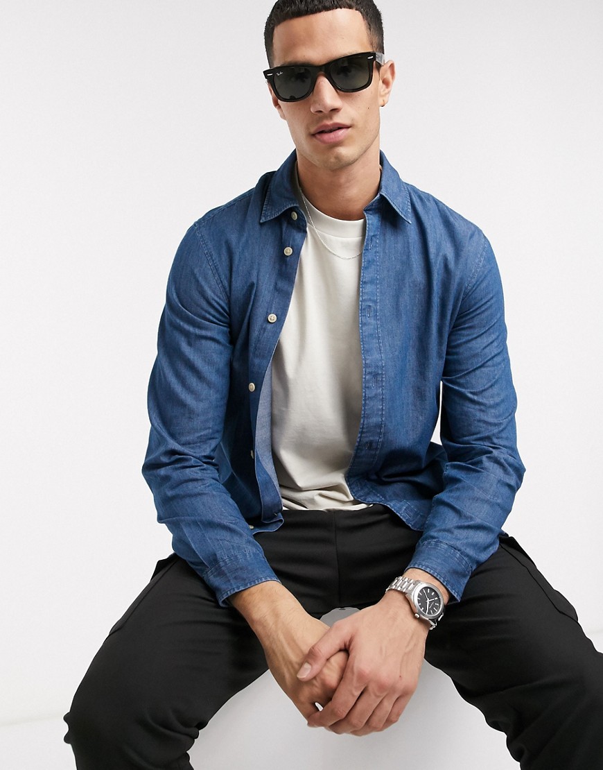 Selected Homme - Camicia slim in chambray di cotone organico azzurra-Blu