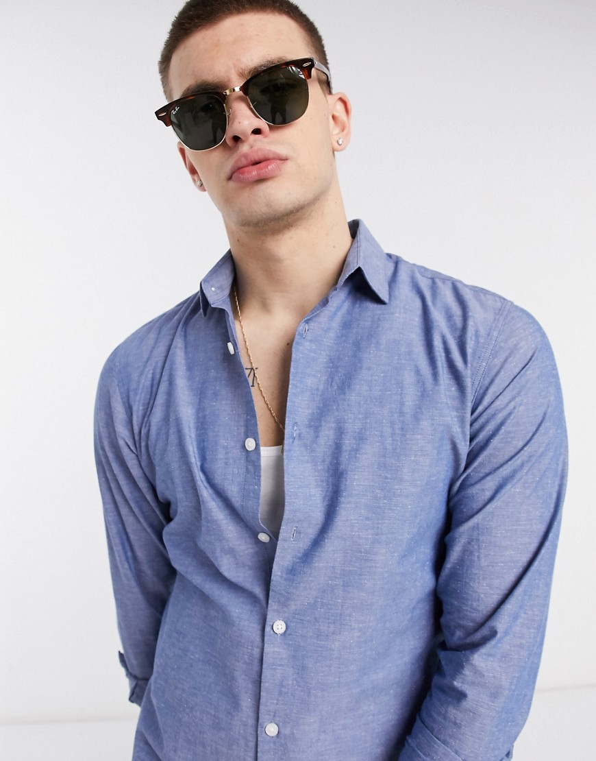 Selected Homme - Camicia slim in cotone organico e lino blu