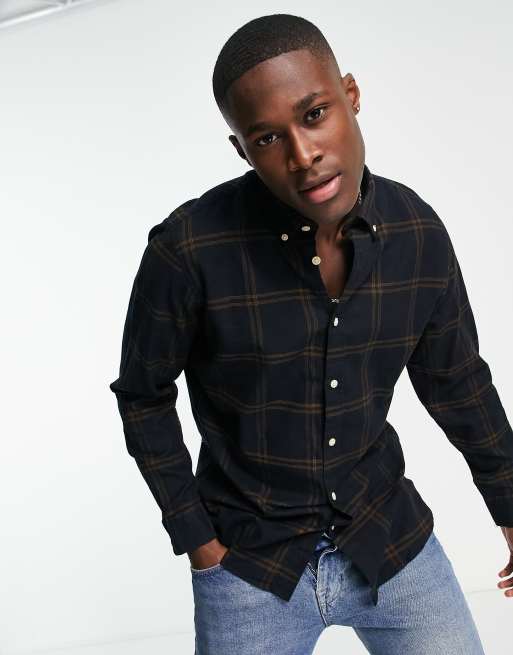 Selected Homme - Camicia spazzolata a quadri grandi marrone e blu navy