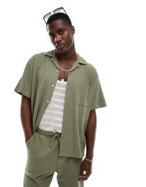 Selected Homme - Camicia squadrata con colletto con rever kaki a nido d'ape in coordinato
