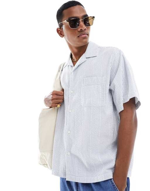 Selected Homme - Camicia squadrata oversize in seersucker blu a righe con rever