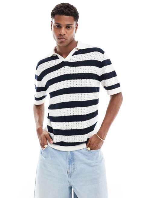 Selected Homme camp collar crochet polo in navy stripe 