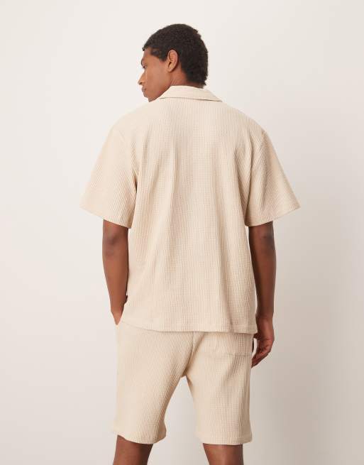 Selected Homme camp collar waffle knit shirt in cream - part