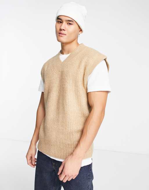 Selected Homme - Canotta oversize in maglia beige in misto lana con scollo a V