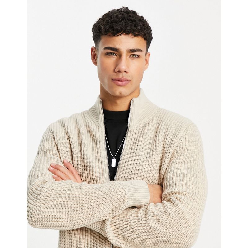 gQoEf Uomo Selected Homme - Cardigan in maglia con cerniera lampo, colore beige
