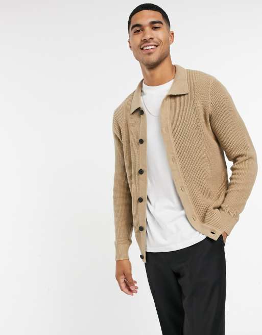 Selected Homme cardigan with collar in tan ASOS Selected Homme cardigan with collar in tan ASOS