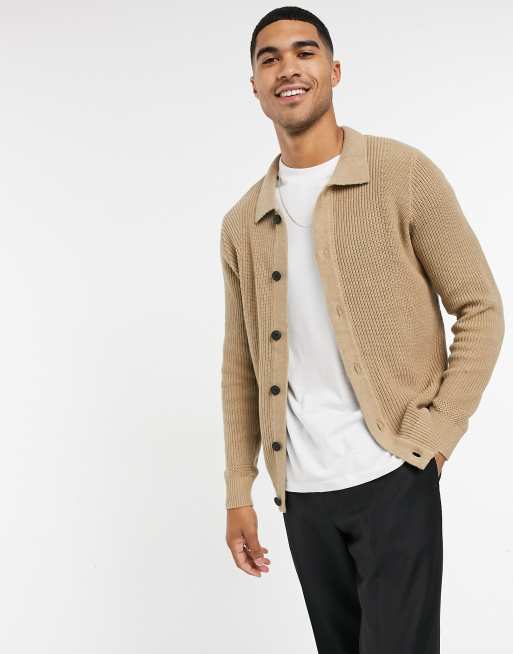 Selected Homme  cardigan  with collar in tan ASOS 