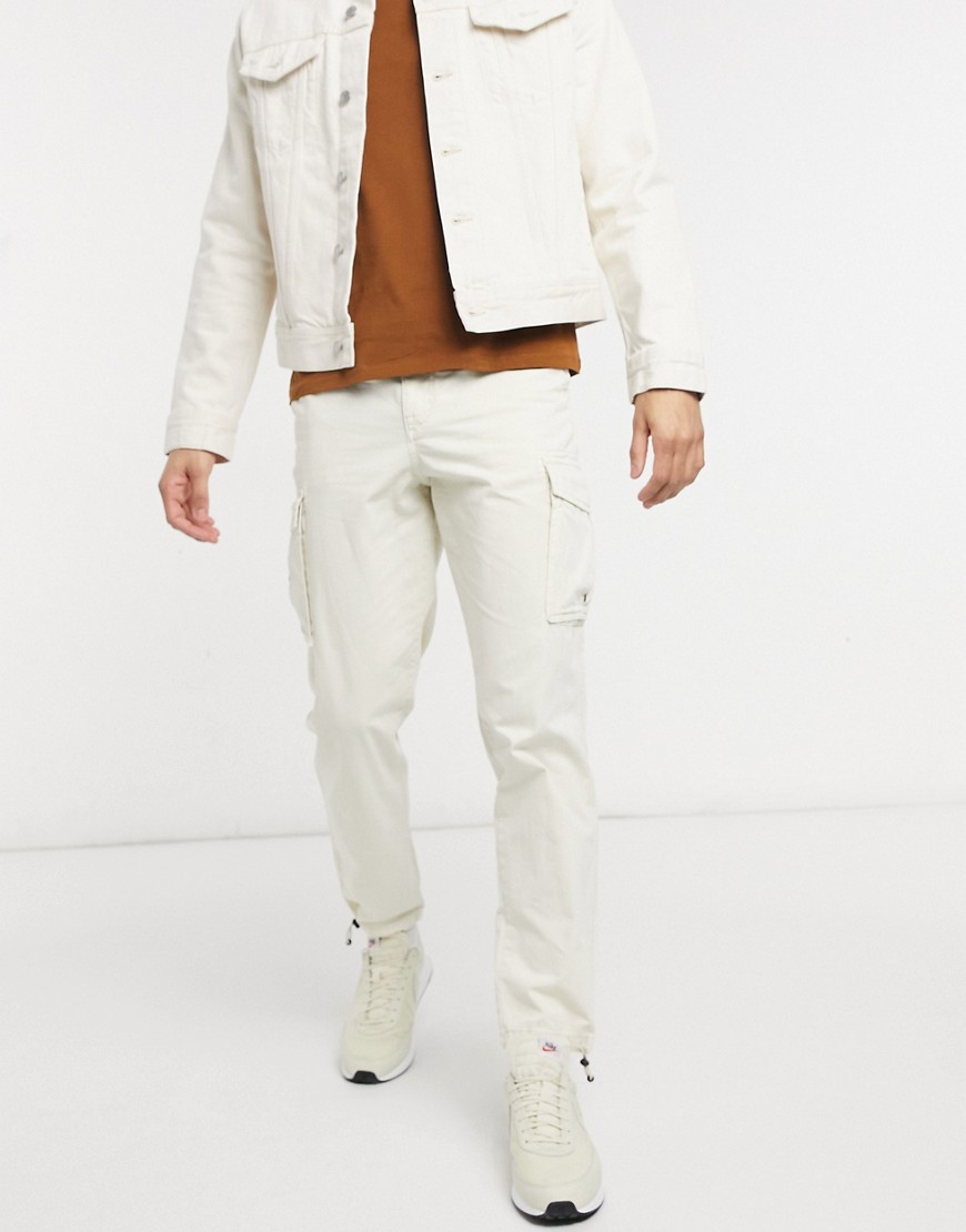 Selected Homme cargo pant with cuffed hem in beige-Neutral