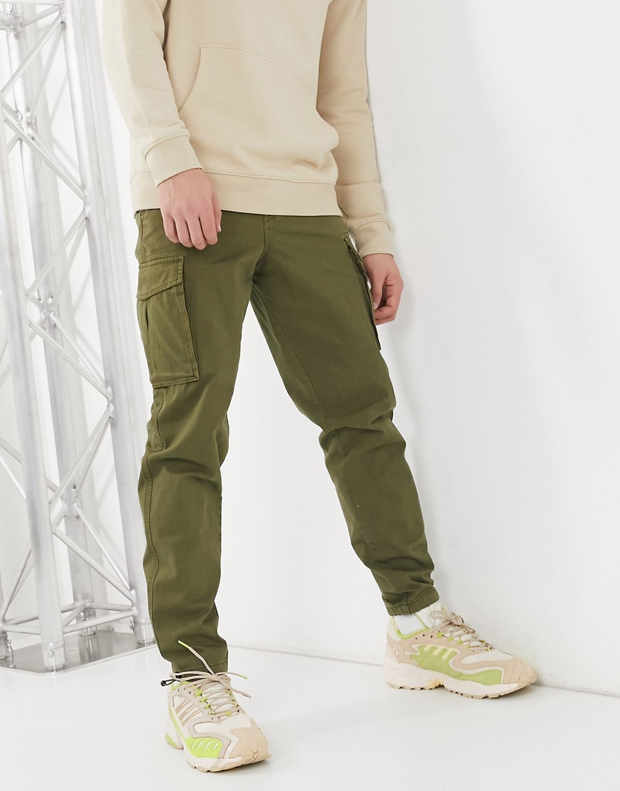 Selected Homme cargo pants with cuffed hem in khaki-Green