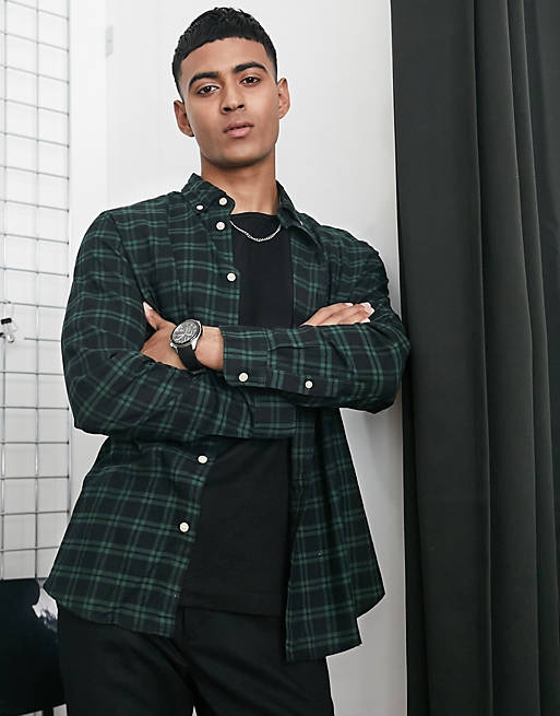Selected Homme check flannel shirt in dark green and black | ASOS