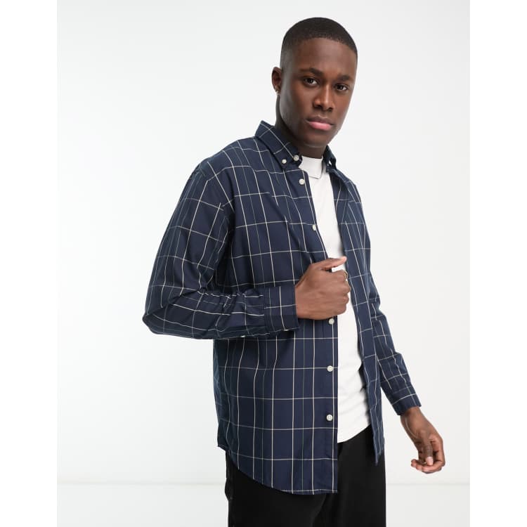 navy blue and white check shirt