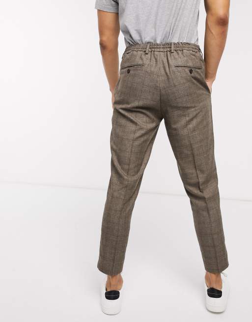 Selected Homme checked pants with elastic waist in brown ASOS