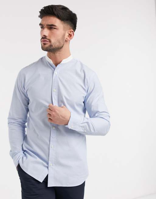 Selected Homme Chemise à col grandpère en coton bio Bleu ASOS