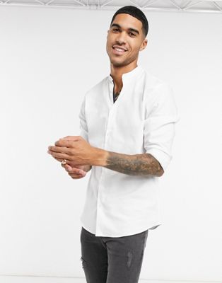 Chemises élégantes Selected Homme - Chemise à col grand-père en coton biologique mélangé - Blanc