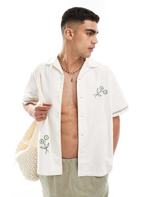 Selected Homme - Chemise à fleurs avec col à revers - Crème et vert 