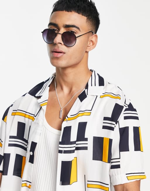 Selected Homme - Chemise à manches courtes avec col à revers et imprimé blocs - Blanc, 4 de 4
