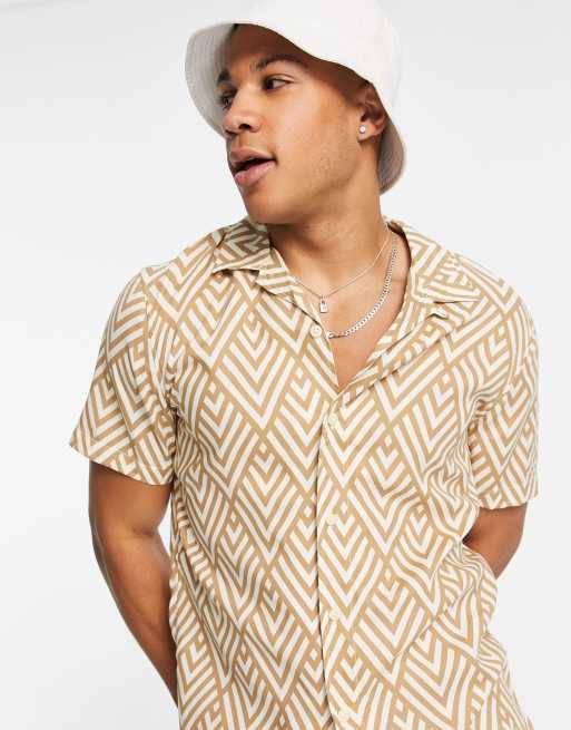 Selected Homme - Chemise à revers avec manches courtes et imprimé losanges - Blanc 