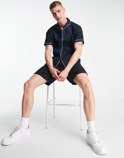 Selected Homme - Chemise à revers avec manches courtes et liseré blanc - Bleu marine , 3 de 4
